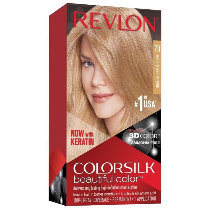 70- Перманентна боя за коса с кератин , Revlon Colorsilk Beautiful Color - средно пепеляво руса
